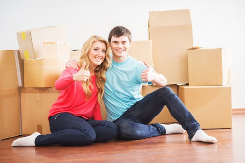 Packed office furniture and equipment ready for relocation