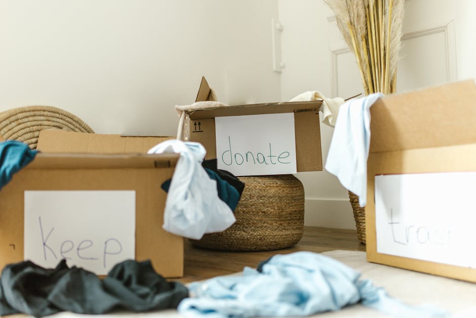 Inside a home, several cardboard boxes labeled with paper signs such as 'keep', 'donate', and 'trash' are placed on the wooden floor near a woven basket and a wicker chair. The boxes contain clothing items and fabric pieces, some of which are draped over the edges. The scene captures a packing and sorting process during a house removal, with the boxes arranged for different disposal categories. Natural light illuminates the room, with a wall and curtains visible in the background. This setup reflects the organization involved in furniture transport and packing tasks performed by professional removals services, such as those offered by Kingston upon Thames Man and Van. The scene emphasizes careful sorting and disposal as part of the home relocation and furniture transport process.